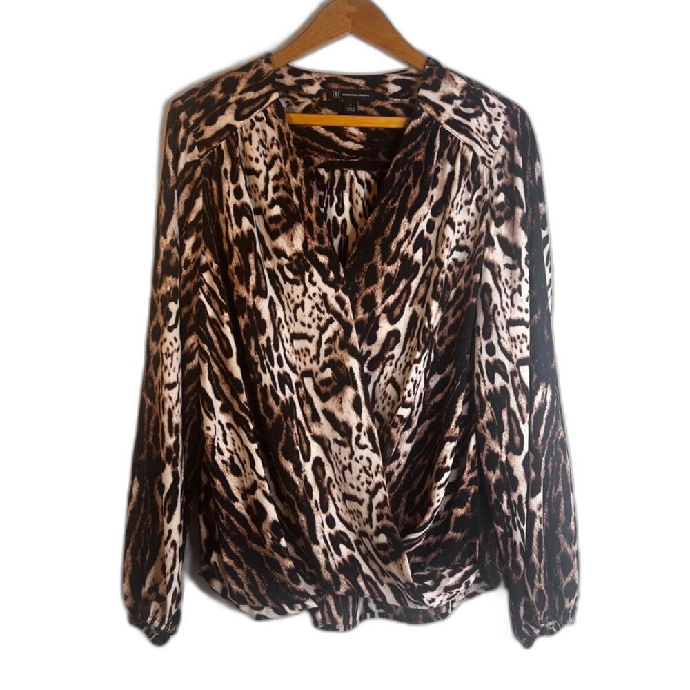 INC International Concepts Animal Print Faux‎ Wrap Blouse Dressy Bold Size Large